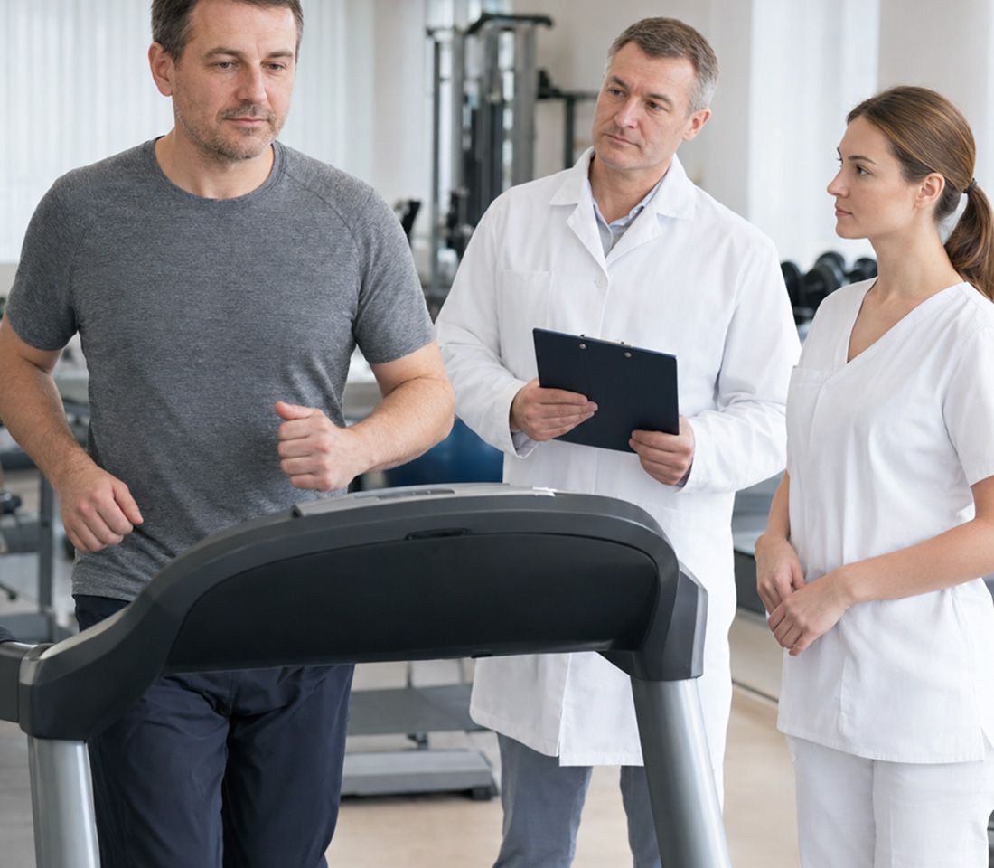 Бывший участник СВО занимается на беговой дорожке под наблюдением врача и медсестры в реабилитационном центре для участников СВО